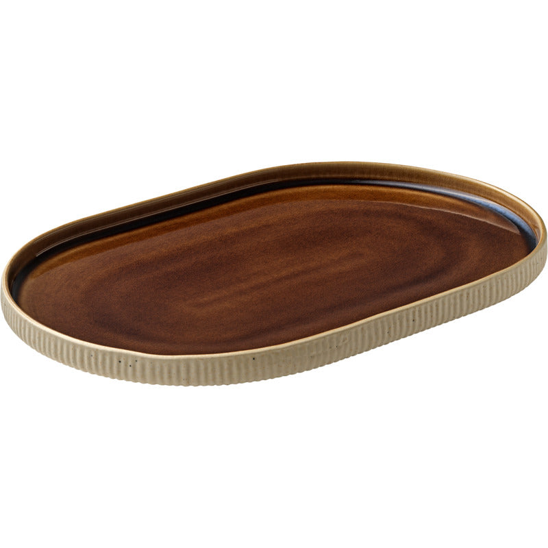 Brown Oval Coupe Platter with Relief 11.8