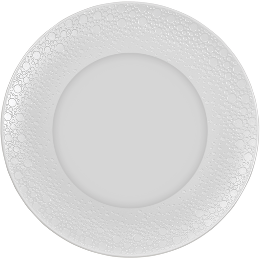 White plate with snow and frost drops on the rim